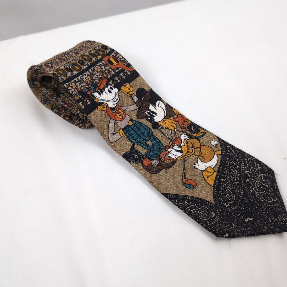 Vintage Disney Unisex 100% Silk Tie Brown/Black Mickey Goofy Donald Golfing, OS